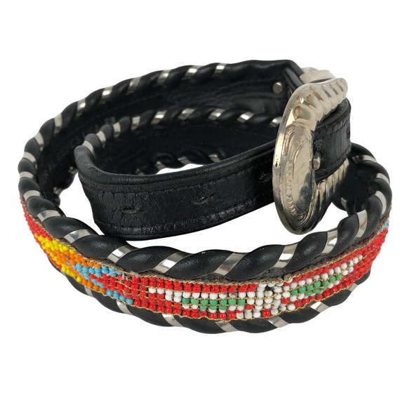 VTG CIRCLE Y + Al Beres Beaded Leather Western Belt Sz 28 Black Silver Multi